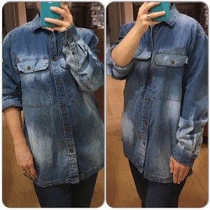 Oversized Fade Denim Button Down Shirt, Size Small